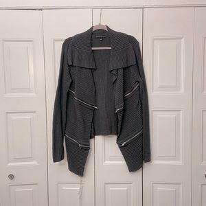 Rock & Republic Open Front Cardigan Sweater with zipper details, Gray, Size L